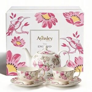 Aynsley England Fine Bone China Pink Rose Floral 5 Piece Teapot and Cup Set NIB
